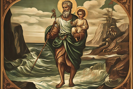 Saint Christopher, painting illustration. Generative Ai. St Christopher.