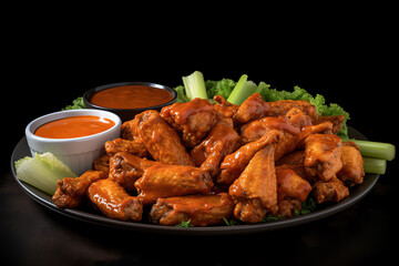 A massive buffalo wings with multiple dipping sauces. generative AI