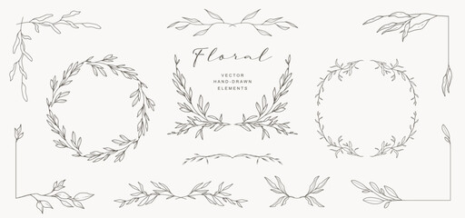 Hand drawn floral frames, wreaths, borders, dividers, corners with flowers and leaves. Trendy greenery elements in line art style. Vector for label, corporate identity, wedding invitation, card