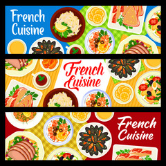 French cuisine banners, vector liver terrine, salmon tartare, tuna salad nicoise. Duck salad landaise, shrimp cocktail with marie rose sauce. Parisian apple celery salad, mussels mariniere France food