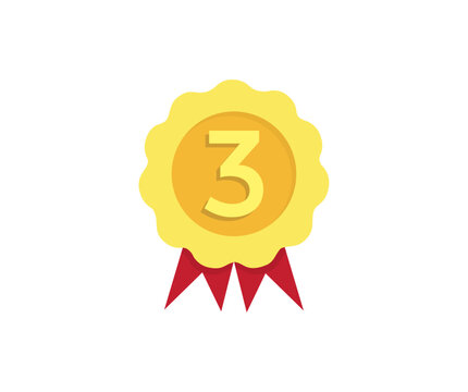 3rd or number three on modern golden rosette award logo design. Modern rosette star with shadow and three image clipart seal stamp, 3 icon badge vector design and illustration.
