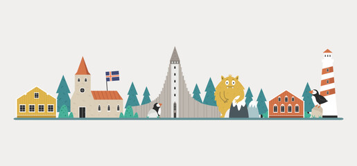 Obraz premium Vector colorful design, banner with icons, famous symbols of Iceland.