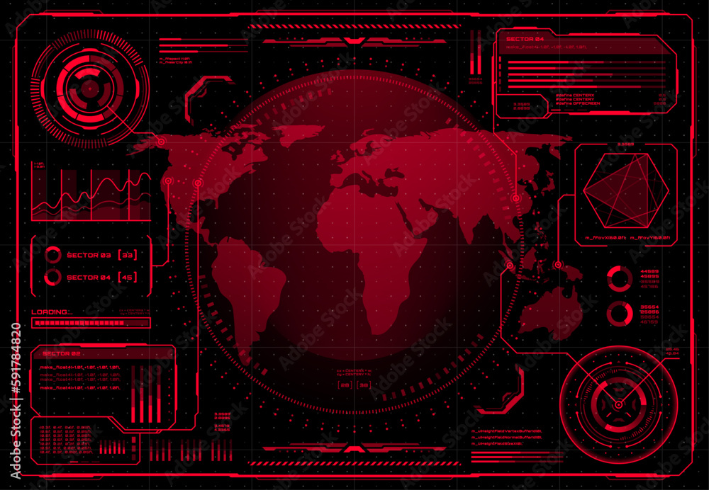Leinwandbilder HUD UI, futuristic user interface and infographics with danger, warning alert signs, vector screen controls. HUD digital technology or cyber game dashboard with red radar and controls on world map