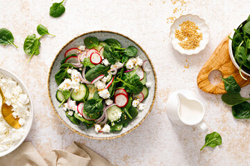 Spinach and cottage cheese fresh green vegetable salad with radish, cucumber and yogurt, healthy...