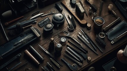 Generative AI. Retro Vintage car service mechanic garage tools equipment patter. Can be used for shop decoration. Graphic Art Illustration.