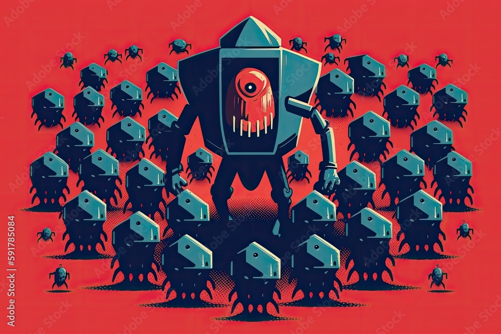 Poster group of small robots standing in front of a vibrant red backdrop. generative ai
