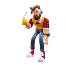3D illustration. Sleepy 3D Male Cartoon Character with a cup of coffee. with a bent body. showing a tired facial expression. 3D Cartoon Character