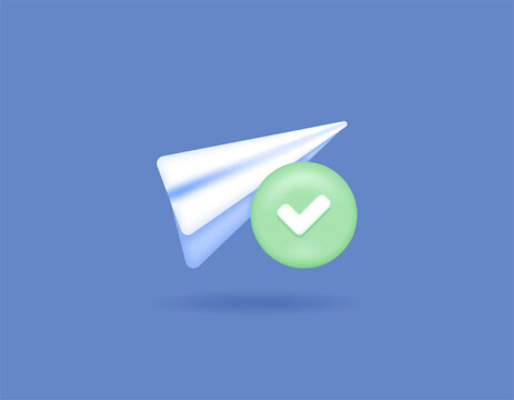 Successful message delivery. file sharing. safe or complete. icon or symbol of paper plane and tick. 3d and realistic concept design. vector elements