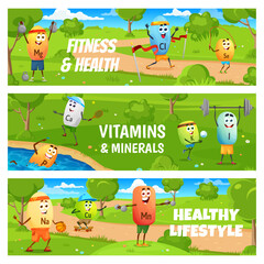 Obraz premium Fitness and health, cartoon vitamin and mineral sportsman characters, vector banners. Vitamins and micronutrient minerals on sport, calcium play tennis, potassium swimming and iron with gym barbell