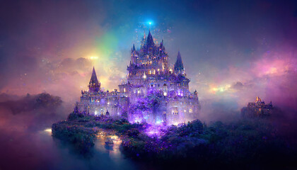 Fantasy purple castle wallpaper. AI