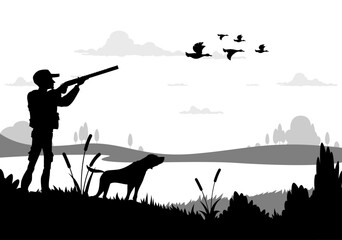 Hunting silhouette, hunter with shotgun, dog, duck flock and pond landscape, vector background. Hunt open season poster with silhouette of hunter with rifle aiming and shooting to flying ducks flock