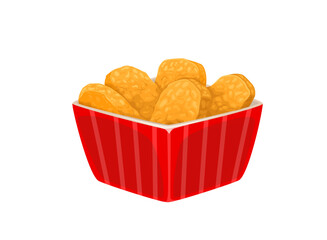 Cartoon chicken nuggets. Fast food restaurant menu hot meal, take away cafe meat snack or junk food dish portion. Isolated red bucket or box with crispy chicken nuggets vector icon