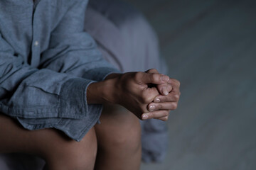 Female hands showing stress, young woman feeling sad tired and worried suffering depression in...