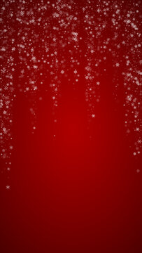 Falling snowflakes christmas background. Subtle flying snow flakes and stars on christmas red background. Beautifully falling snowflakes overlay. Vertical vector illustration.