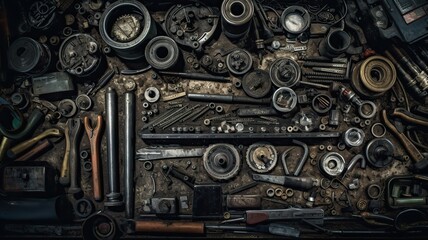 Generative AI. Retro Vintage car service mechanic garage tools equipment patter. Can be used for shop decoration. Graphic Art Illustration.