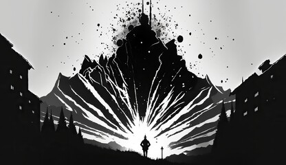 Generative AI. Lonely man standing close to the explosion. Scary horror. Last day of earth. Psychology explore your mind. Graphic Art Illustration.