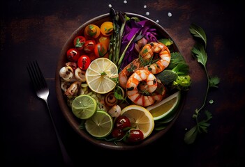 Fototapeta na wymiar Grilled shrimp, fresh vegetables, and herbs in a Buddha bowl salad. hygienic dining, upper view. wholesome lunch bowl concept of a balanced diet. Generative AI