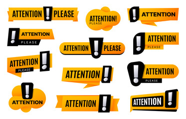 Attention please, important information signs and badges, vector message icons. Attention please banners or alert announcement ribbons with exclamation signs, important information yellow notice notes - obrazy, fototapety, plakaty
