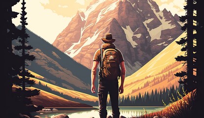 Generative AI. Adventure outdoor nature motivational poster with man standing in fron of a mountain. Graphic Art Illustration.