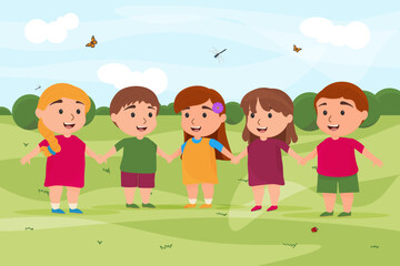 cartoon cute kids playing in nature. Summer or spring landscape. Vector illustration