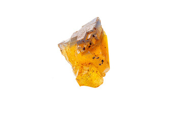 Macro mineral stone Fluorite yellow and blue color on a white background close-up