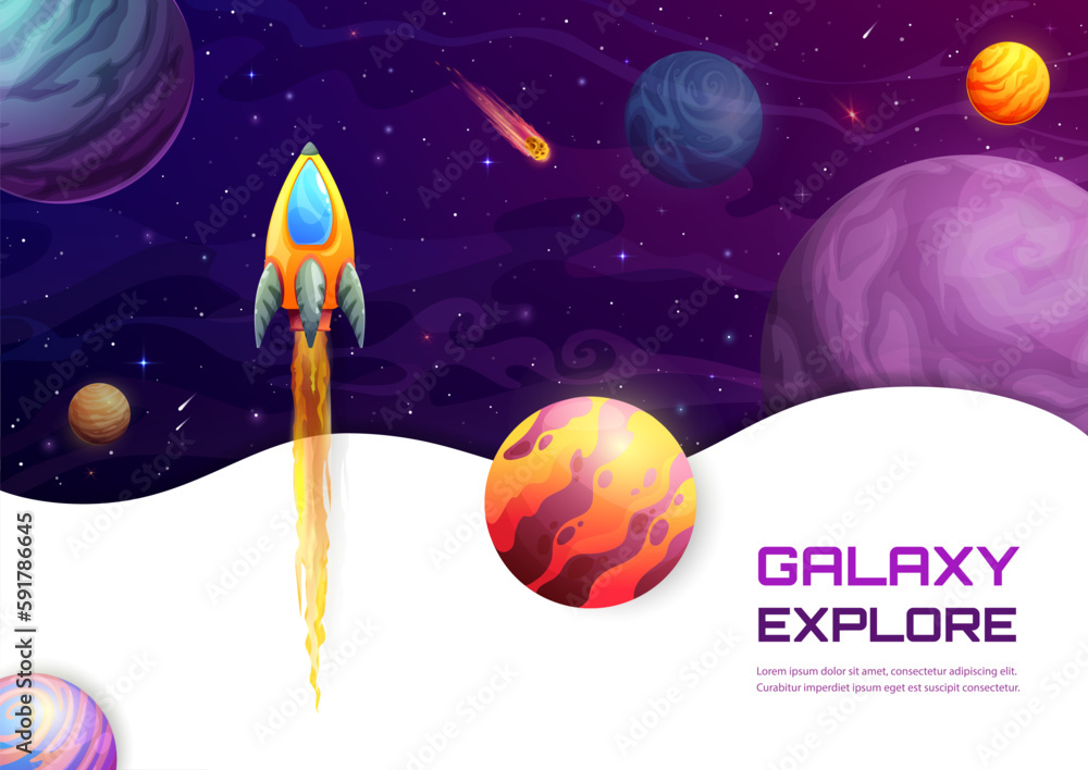 Poster space landing page. cartoon spaceship launch and galaxy planets. company social media homepage layou