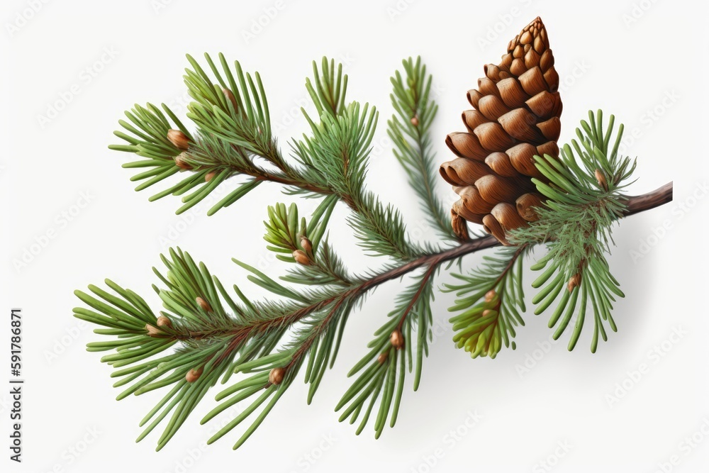 Poster pine cone hanging from a branch of a pine tree. generative ai