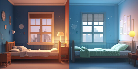 split comparison view of different old vs new renovated kids bedroom, day vs night timeline or changing and switching homes concepts as wide banner, Generative Ai