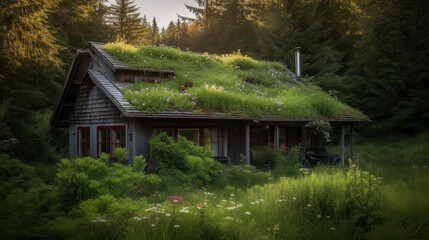 An idyllic eco-house nestled in a lush meadow surrounded by wildflowers, ferns, and moss, capturing the essence of sustainable and environmentally conscious living