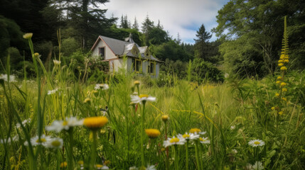 An idyllic eco-house nestled in a lush meadow surrounded by wildflowers, ferns, and moss, capturing the essence of sustainable and environmentally conscious living