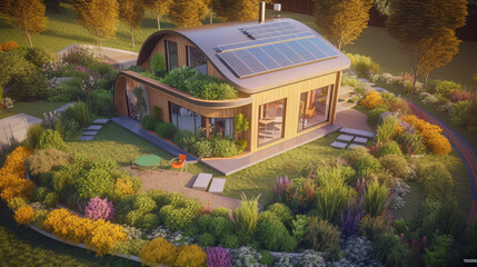 A cozy eco-house surrounded by a vibrant organic garden, featuring solar panels, a green roof, and a rainwater harvesting system, illustrating the possibilities of sustainable living
