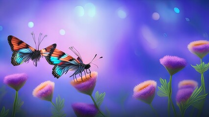 Obraz na płótnie Canvas Warm Sunlight with Purple Flowers and Butterfly Dancing against Background of Soft Sunlight. Generative AI.