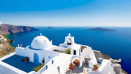 The idyllic blue and white belfries of Santorini Island, Greece.  - obrazy, fototapety, plakaty