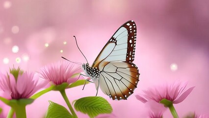 Warm Sunlight with Pink Flowers and Butterfly Dancing against Background of Soft Sunlight. Generative AI.