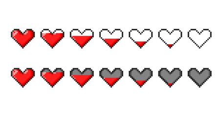 Pixel heart. Vintage console game user interface element, 8bit arcade or videogame player health or life vector indicator, menu pixel GUI energy level bar with full of blood and empty hearts line