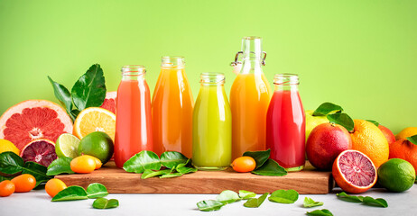 Summer drinks. Citrus fruit juices, fresh and smoothies, food background. Mix of different whole...