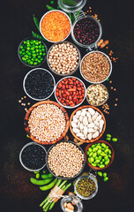 Legumes, beans and sprouts. Dried, raw and fresh, top view. Red kidney beans, lentils, mung beans, chickpeas, soybeans, edamame, green peas, Healthy, nutritious, diet food, vegan protein 