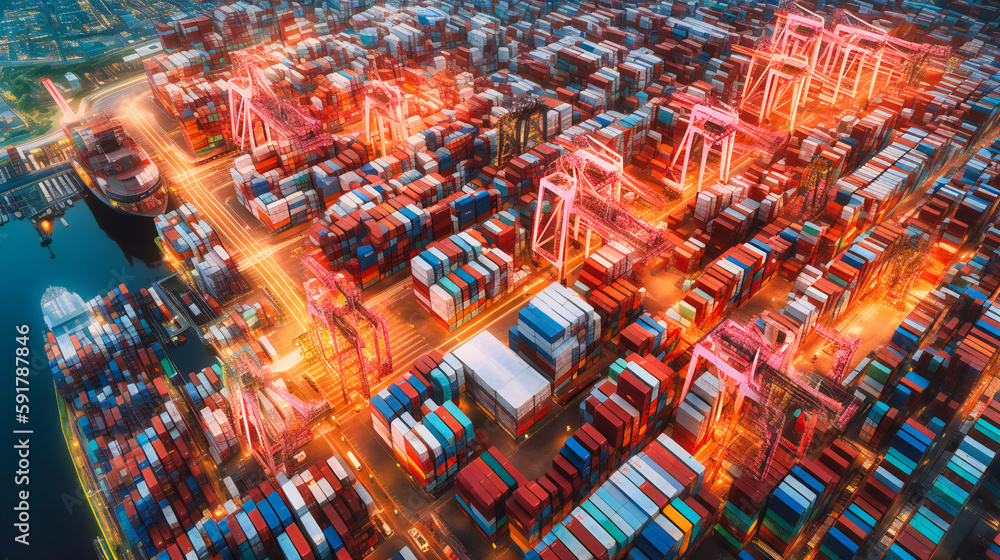 Poster a panoramic view of a high-tech port in a vibrant city, showcasing the massive scale and complexity 
