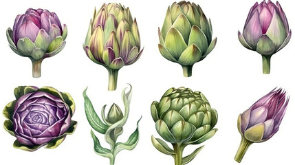Fototapeta premium Set of illustrations of artichokes, garden plants, decorative design elements, watercolor illustrations isolated on white background usable for design stickers wallpapers Generative AI