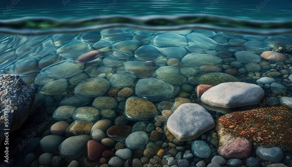 Poster the ocean floor is bare and dotted with rocks. generative ai