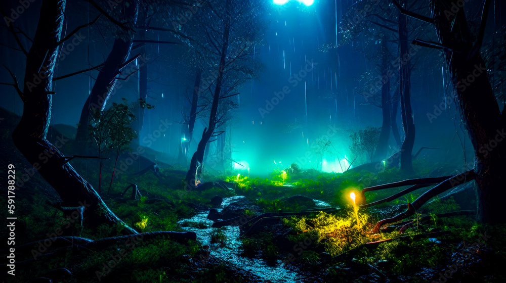 Aufkleber dark forest with stream of water and light in the middle of it. generative ai.