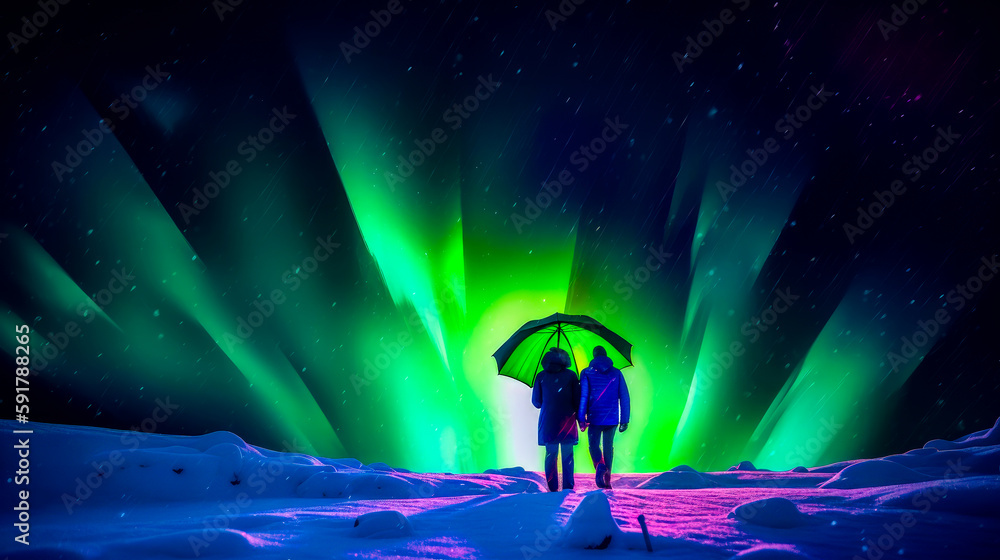 Aufkleber two people standing in the snow under umbrella with the aurora lights in the background. generative 