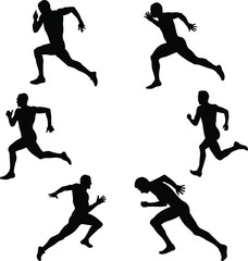 set group man runner sprinter running in athletics race black silhouette on white background