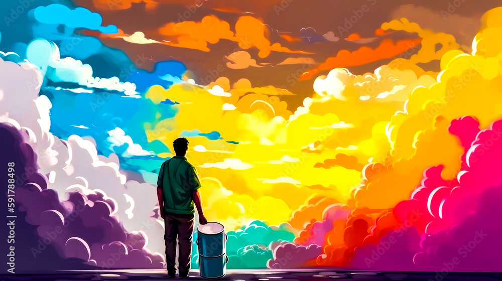 Poster man standing next to bucket in front of rainbow colored sky. generative ai.