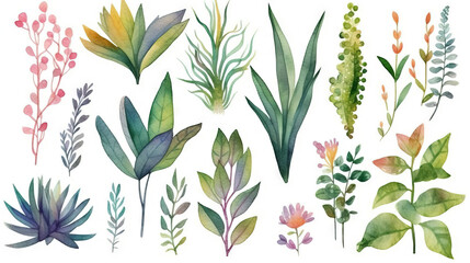 Set of illustrations of flowers, plants, pots, garden plants, decorative design elements, watercolor illustrations isolated on white background usable for design stickers wallpapers Generative AI