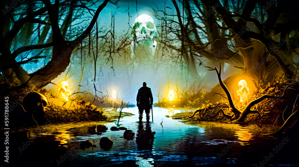 Poster man standing in the middle of forest with skull on his head. generative ai.