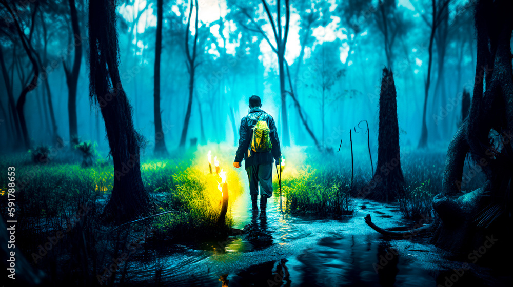 Aufkleber man with backpack is walking through the woods with bright light. generative ai.