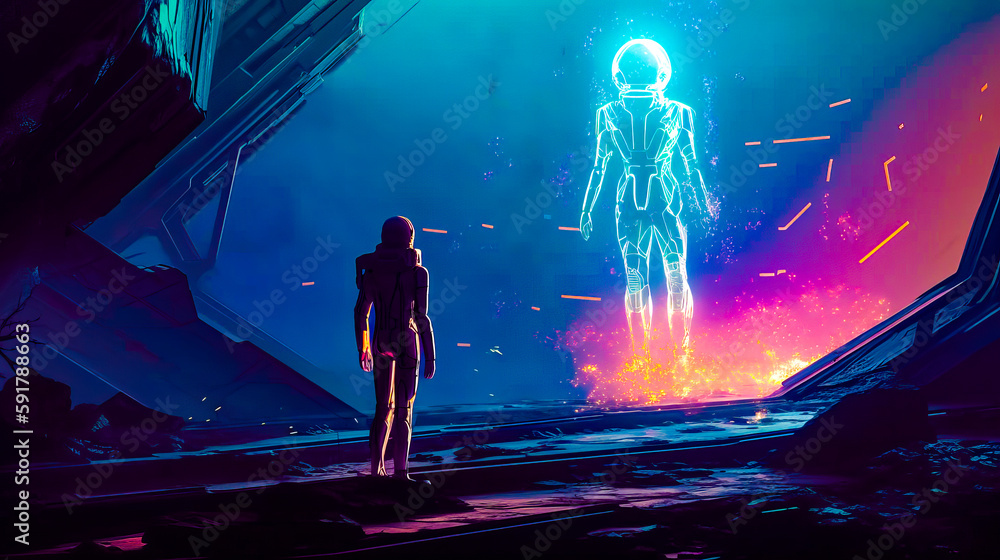 Poster man in space suit standing in front of man in space suit. generative ai.