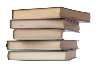 Pile of books. Tail edges of the book. Isolated on a white background.
