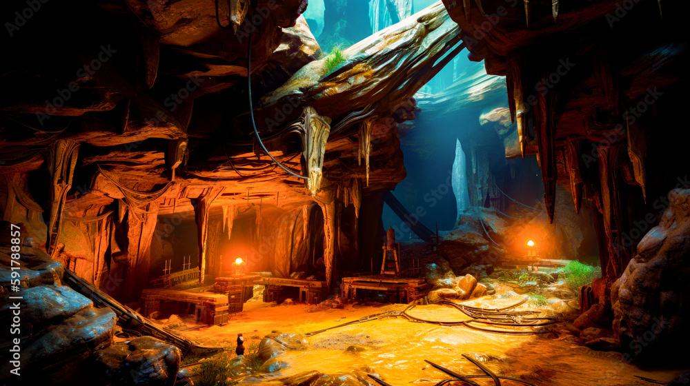 Poster scene of cave with man standing in the middle of it. generative ai.